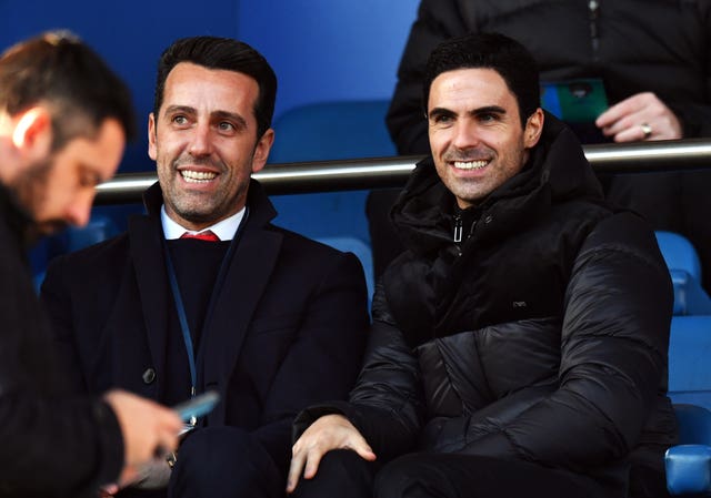 New Arsenal boss Arteta (right) sat with technical director Edu in the stands