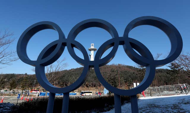 A photo of the Olympic rings at the 2018 Games in Pyeongchang