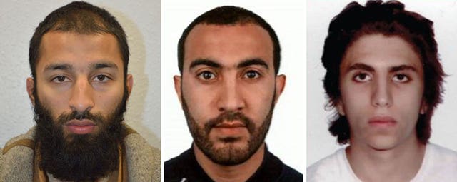 From left, Khuram Shazad Butt, Rachid Redouane and Youssef Zaghba (Metropolitan Police/PA)
