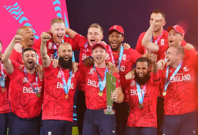 Adil Rashid (second right) celebrating England's T20 World Cup win in 2022.