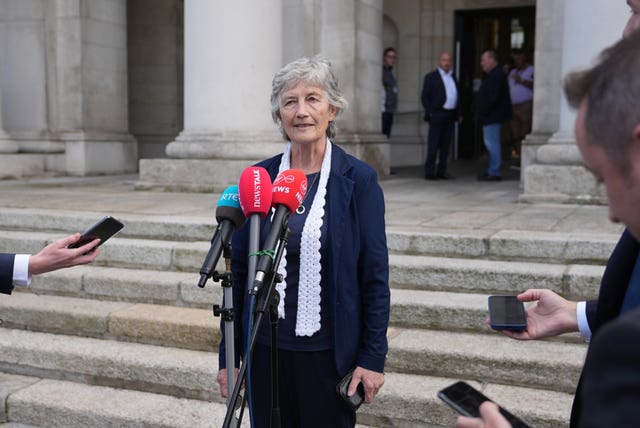 Catherine Connolly speaks to media as she arrives to formally lodge nomination papers at Custom House in Dublin