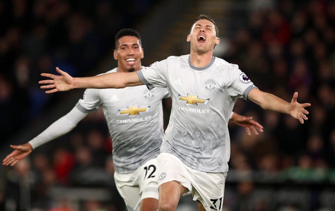 Nemanja Matic celebrates scoring against Crystal Palace