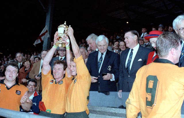 Australia beat England on home turf to take the 1991 Rugby World Cup at Twickenham with a 12-6 victory. The triumph was their first World Cup title