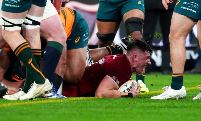 Dan Sheehan of the British and Irish Lions scores a try