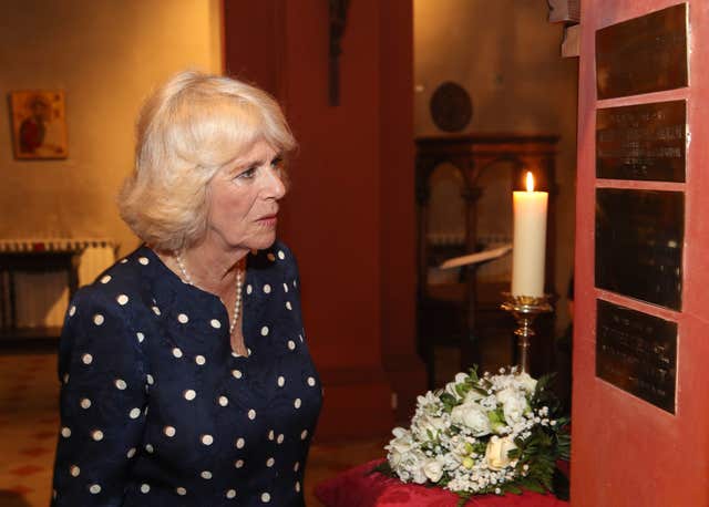 The then-Duchess of Cornwall during a visit to St Mark’s Anglican Church in Florence, Italy, where she lay flowers at a memorial plaque in honour of Alice Keppel, her great-grandmother in 2017