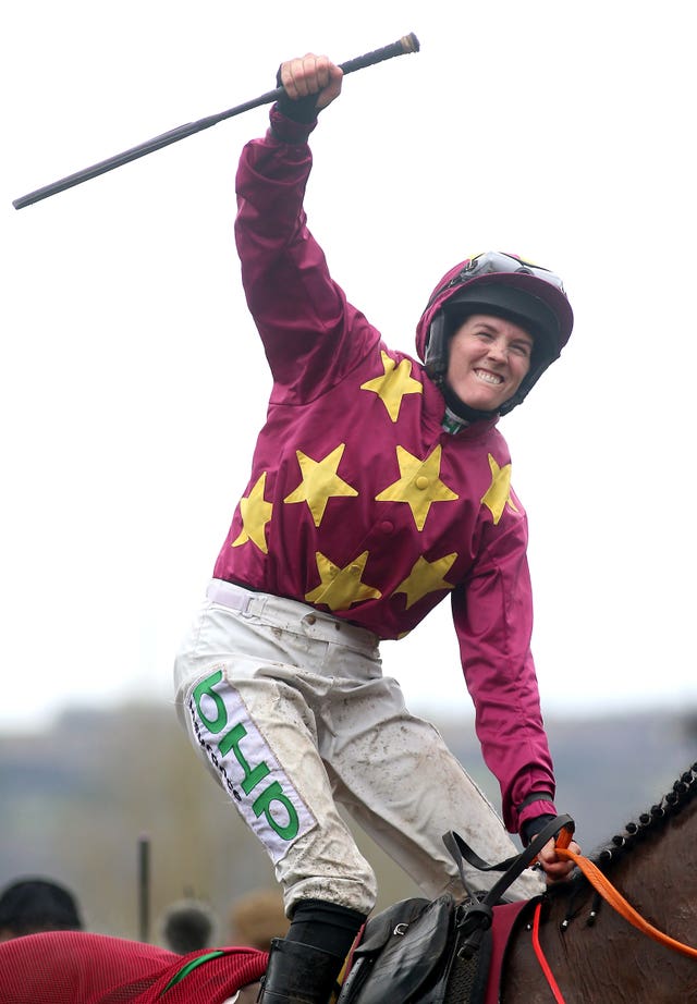 Rachael Blackmore punches the air after notching her first Grade One win at the Festival on Minella Indo