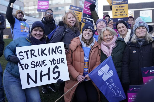 Royal College of Nursing chief executive Pat Cullen (second right front row) joins members of the RCN on the picket line outside the Royal Hallamshire Hospital, Sheffield