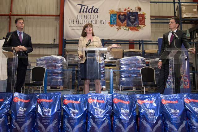 (left to right) Sir Nick Clegg, Nicky Morgan and David Miliband speak at a cross-party intervention Brexit negotiation at Tilda Rice Mill in Rainham, Essex (Stefan Rousseau/PA)