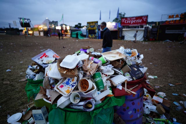 Waste left by festival goers waiting to be cleared