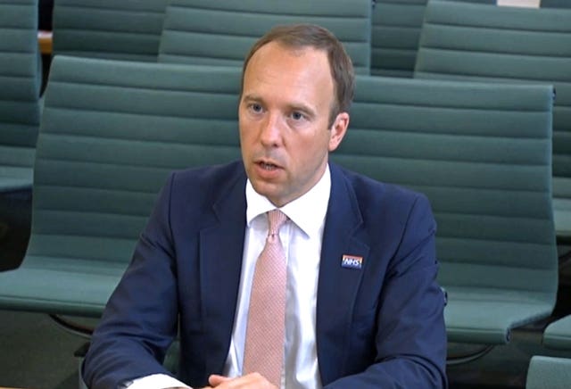 Health Secretary Matt Hancock giving evidence to the Science and Technology Committee and Health and Social Care Committee (House of Commons/PA)