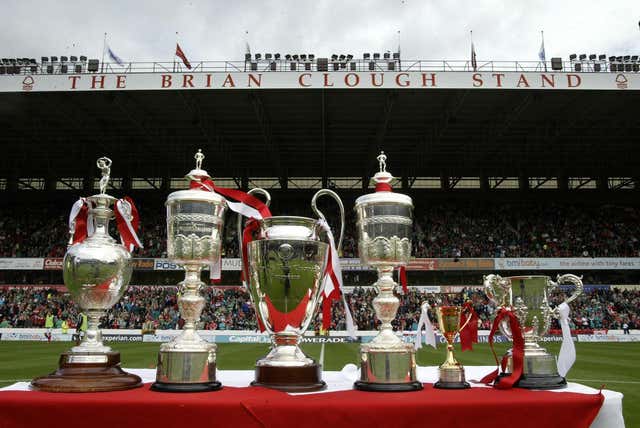 The trophies manager Brian Clough won during his time as manager of Nottingham Forest displayed at the City Ground