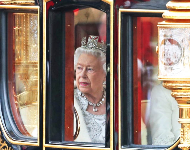 Queen Elizabeth II, wearing the Diamond Diadem, returning to Buckingham Palace after the state opening of Parliament in 2019