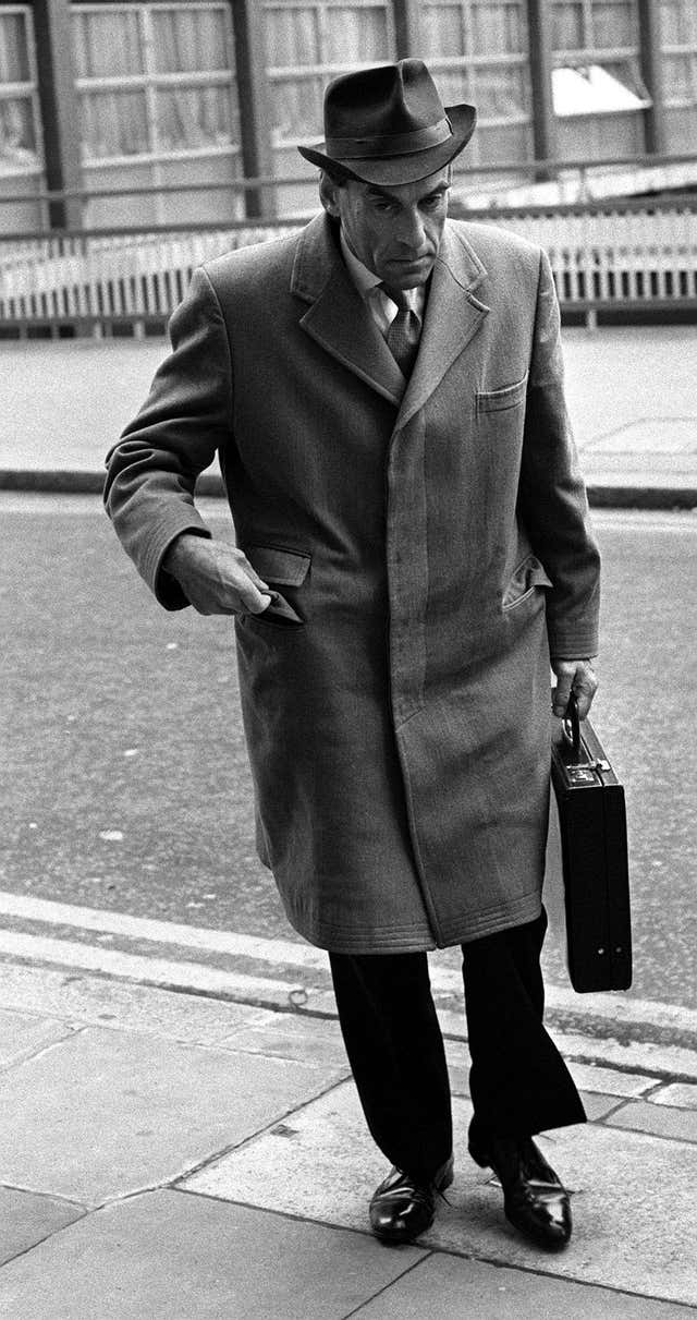The real life Jeremy Thorpe pictured leaving the Old Bailey (PA)