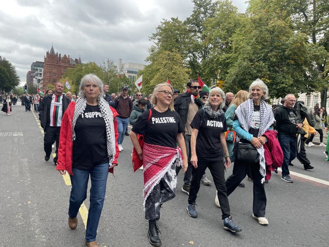 Crowds of pro-Palestine protesters march through Belfast city centre on Saturday to call for a boycott of businesses deemed complicit in genocide in Gaza