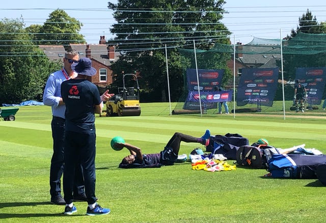 Jofra Archer completes some stretches at training. (Rory Dollard/PA)