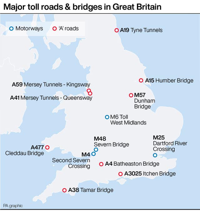 Major toll roads & bridges in Great Britain
