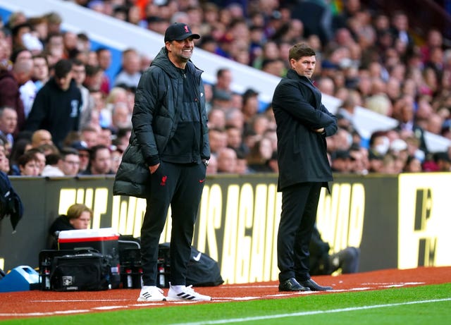 Jurgen Klopp, left, and Steven Gerrard on the touchline at Villa Park