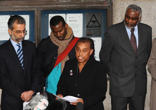 Stephen Lawrence’s mother Doreen Lawrence alongside Stephen’s father Neville, right, and brother Stuart, second left, outside the Old Bailey in 2012