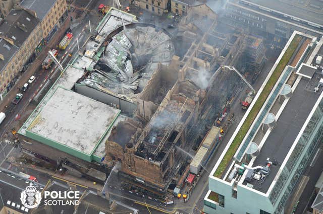 An aerial view of damage following the fire at the historic Mackintosh Building (Police Scotland Air/PA)