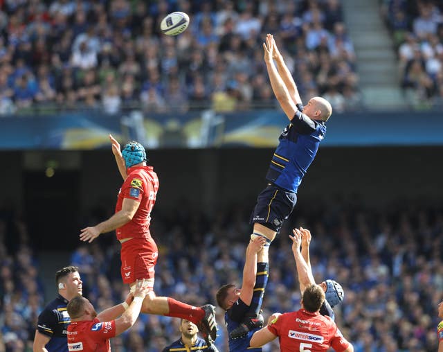 Toner, top right, wins a line-out for Leinster 