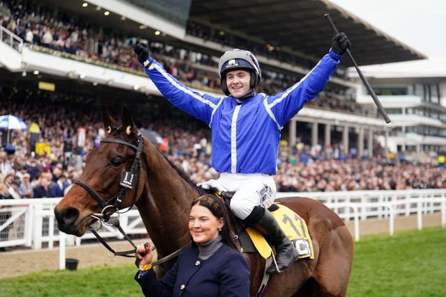 Jonjo O’Neill Jr aboard Poniros after winning the JCB Triumph Hurdle