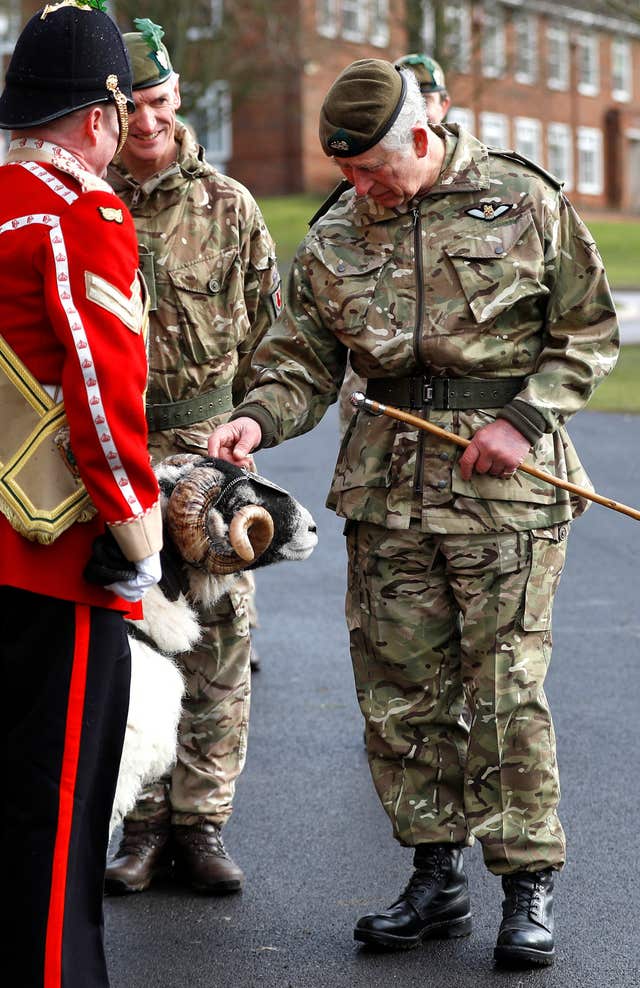 The Prince of Wales meets the Mercian Regiment's mascot, a ram called Private Derby XXXII, at Bulford Camp in Wiltshire. (Peter Nicholls/PA)