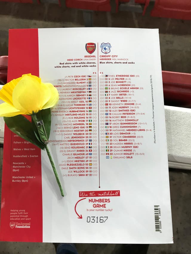 Arsenal included Emiliano Sala in the Cardiff squad listed in the match programme (Matt McGeehan/PA).