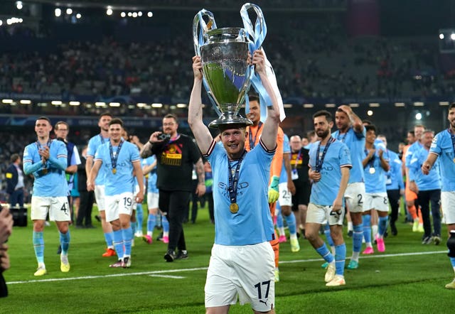Manchester City’s Kevin De Bruyne with the UEFA Champions League Trophy