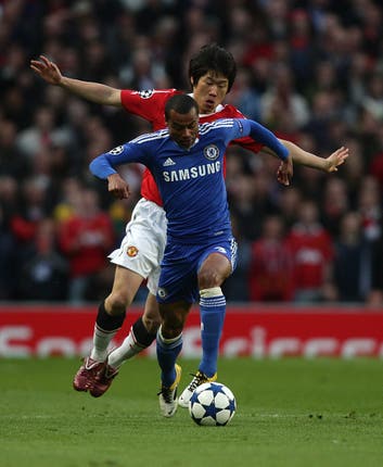 Chelsea’s Ashley Cole and Manchester United’s Ji-Sung Park battle for the ball during the 2011 Champion's League quarter final, eventually won 3-1 by Manchester United on aggregate