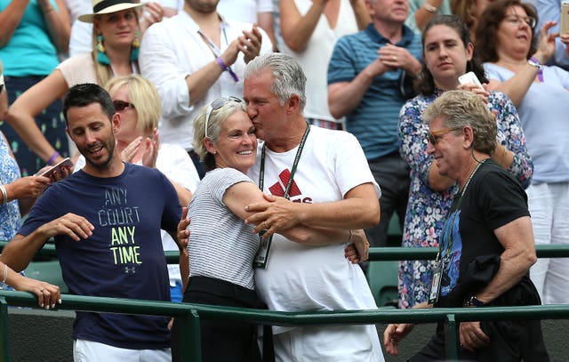 Judy Murray, left centre, and Louis Cayer celebrate