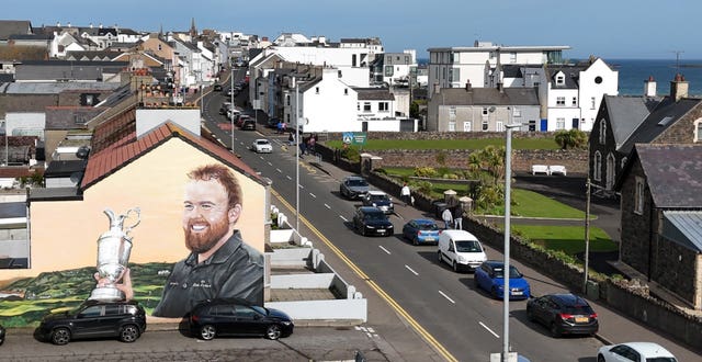 A mural of Shane Lowry with the Claret Jug painted on a house near the entrance of Royal Portrush Golf Club in Northern Ireland