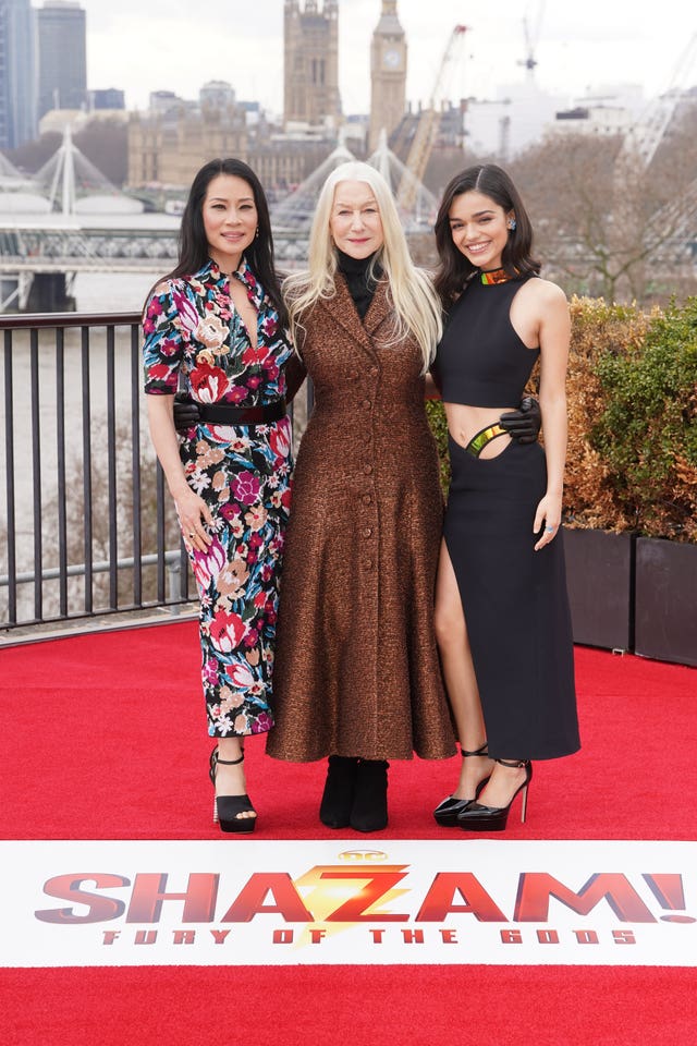 Lucy Liu, Dame Helen Mirren and Rachel Zegler at the Shazam! Fury of the Gods photocall in London