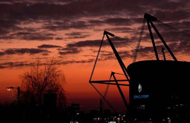 A general view of the Etihad Stadium at sunset