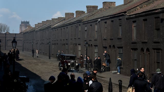 Some of the cast on the set of Peaky Blinders as the fourth series was filmed in Liverpool (Peter Byrne/PA)