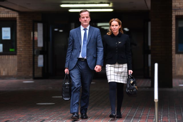 Former Conservative MP Charlie Elphicke, with MP for Dover Natalie Elphicke, leaving Southwark Crown Court