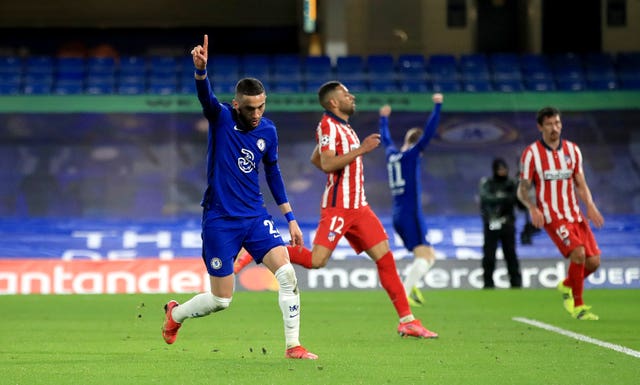 Hakim Ziyech celebrates scoring during Chelsea's win over Atletico Madrid 