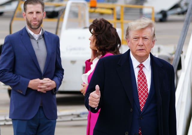 Former US President Donald Trump arrives at Aberdeen International Airport in Dyce, Aberdeen, ahead of his visit to Trump International Golf Links Aberdeen in May 2023