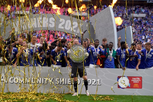 Leicester goalkeeper Kasper Schmeichel lifts the Community Shield