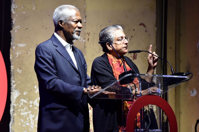 Kofi Annan (left) and Hina Jilani on stage speaking to the London crowd (Matt Crossick/PA)