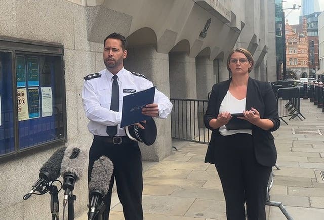 Metropolitan Police Chief Superintendent Stuart Bell and Kirsty O’Connor, from the Crown Prosecution Service, speak to the media after the verdicts
