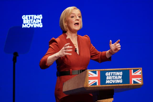 Prime Minister Liz Truss delivers her keynote speech at the Conservative Party annual conference at the International Convention Centre in Birmingham