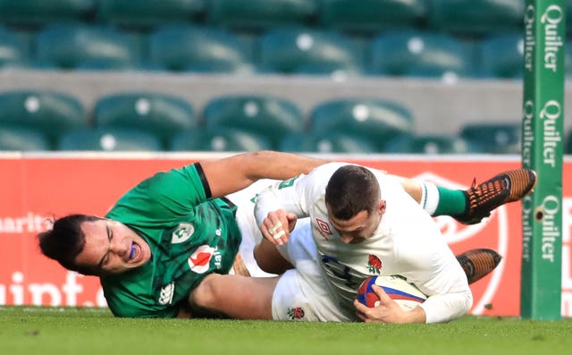 Jonny May, right, crashes over for England's first try