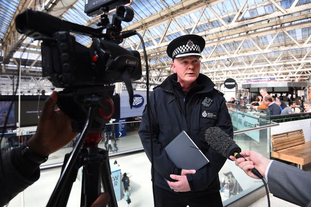 Chief Superintendent John Conaghan speaking at Waterloo station in London about the safety operation around travel to the royal wedding (Kirsty O'Connor/PA)