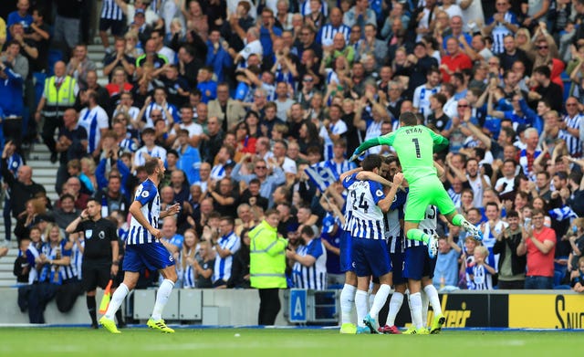 Brighton players celebrated wildly after Leandro Trossard scored but it was ruled out by VAR