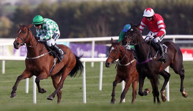 Tornado Flyer leads Blackbow (red) and Carefully Selected at the Punchestown Festival