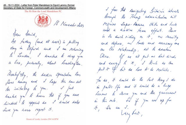 A document issued by the Cabinet Office showing a letter from Peter Mandelson to David Lammy