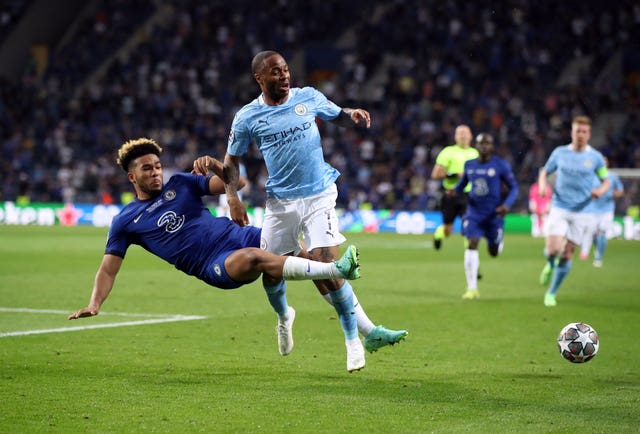 Chelsea’s Reece James, left, tackles Manchester City’s Raheem Sterling in the Champions League final