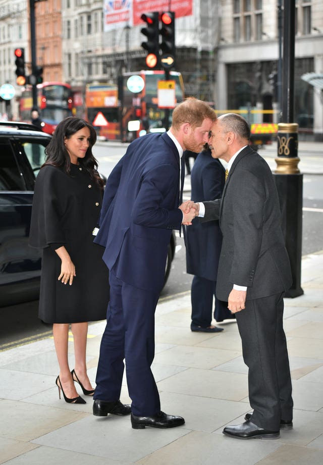 The Duke of Sussex receives a hongi from the High Commissioner of New Zealand Jerry Mateparae to the United Kingdom as he arrives with the Duchess of Sussex at New Zealand House in London