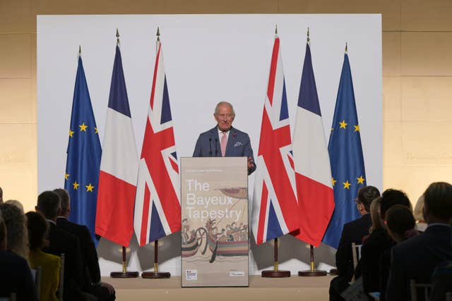 Charles speaking during the visit to the Bayeux Tapestry