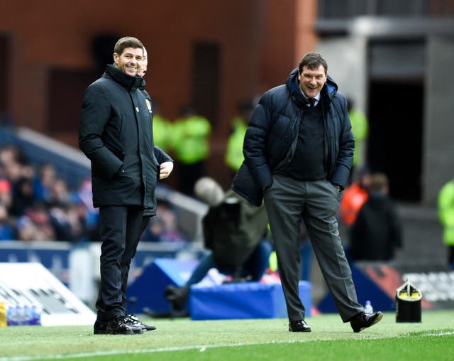 Steven Gerrard, left, and St Johnstone manager Tommy Wright watch on 